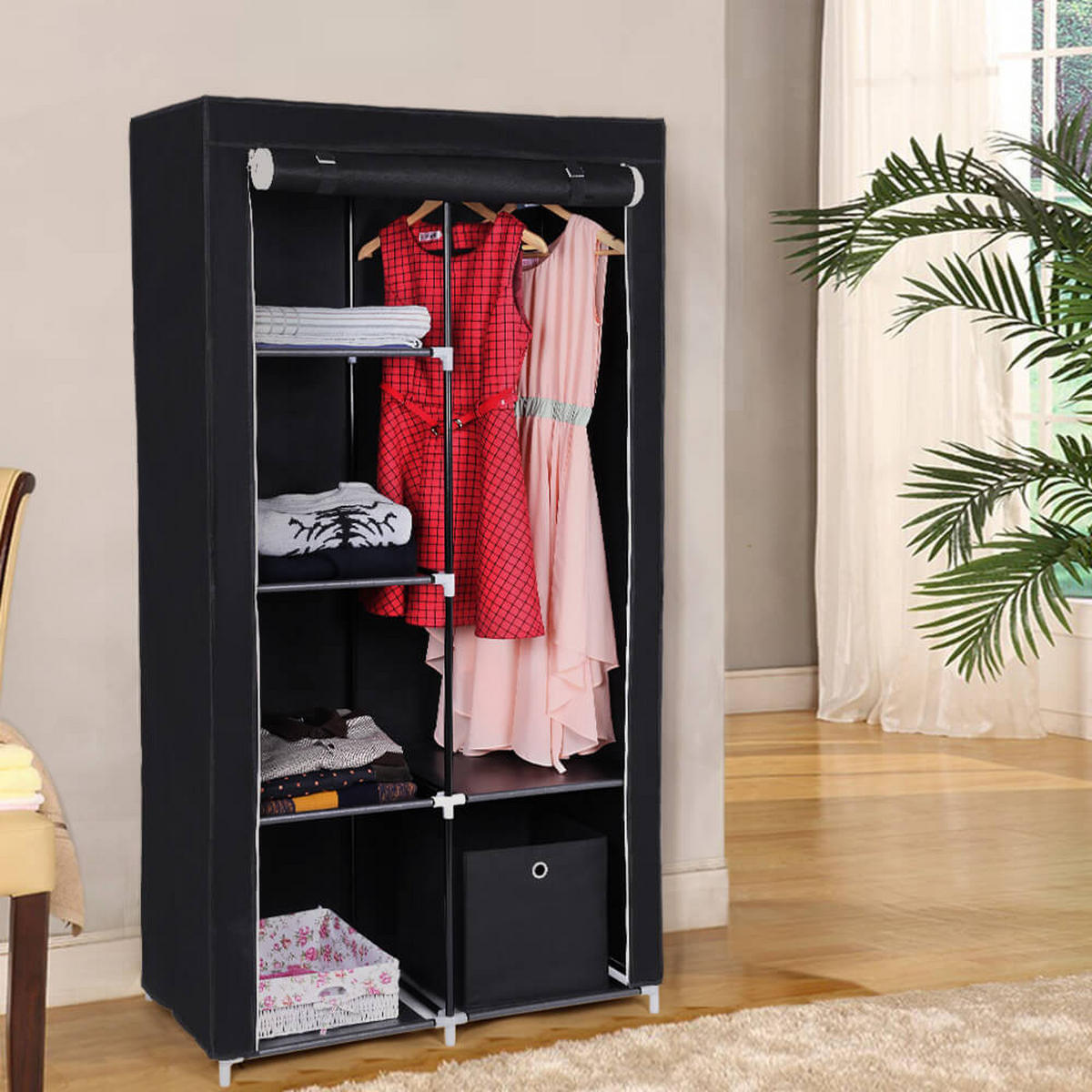 STOFFSCHRANK KLEIDERSCHRANK - Schwarz, Textil (45/88cm) - Hansiro