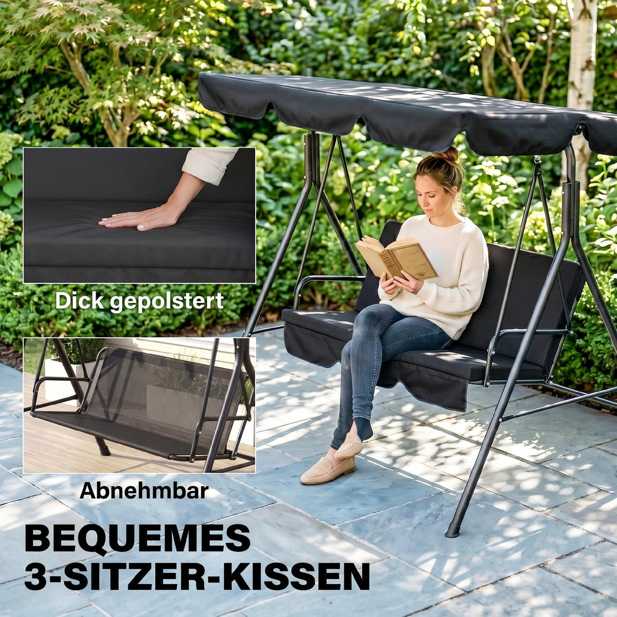 GARTENSCHAUKEL Schwarz 3-Sitzer - Schwarz, Metall (172/153/110cm) - PANGIVO