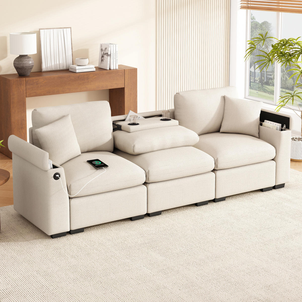 SOFA 3-Sitzer mit Klapptisch USB und Stauraum Chenille Beige - Beige, Kunststoff (242/88/80cm) - Meubliv