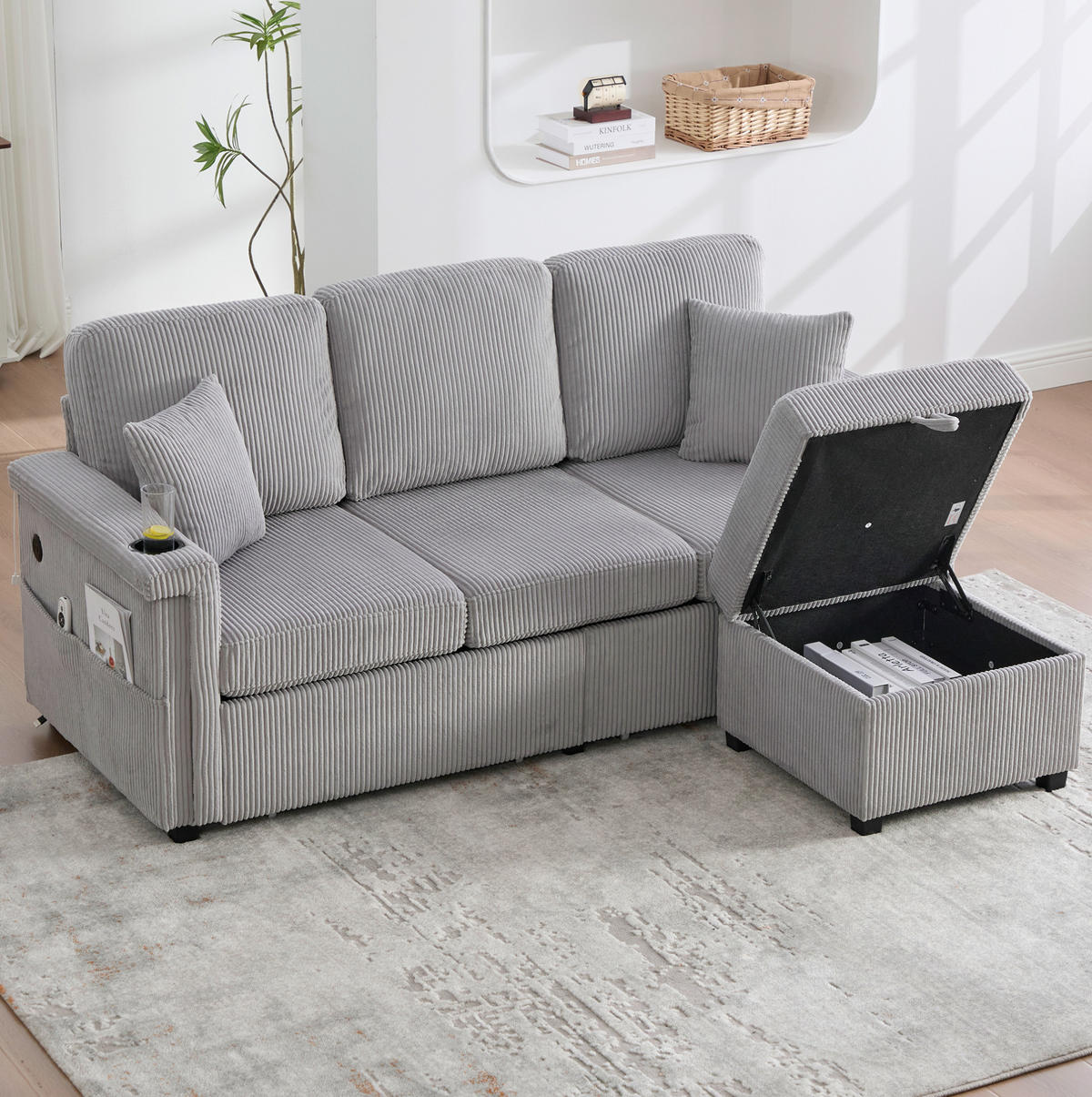 SOFA mit LED und USB/Type-C 194 x 73 x 81 cm Corduroy Hellgrau - Hellgrau, Kunststoff (194/81/73cm) - Meubliv