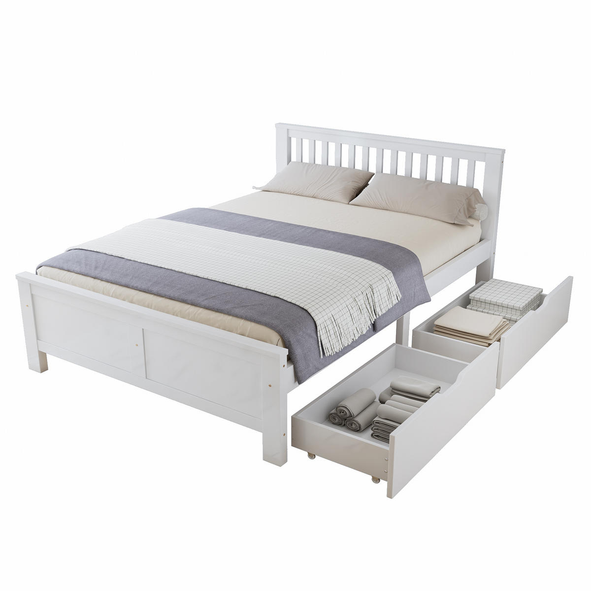 HOLZBETT 140/200 cm DE-00444, in Weiß, Schubladen, Kiefernholzrahmen - Weiß, Holz (140/200cm) - ComfortXL