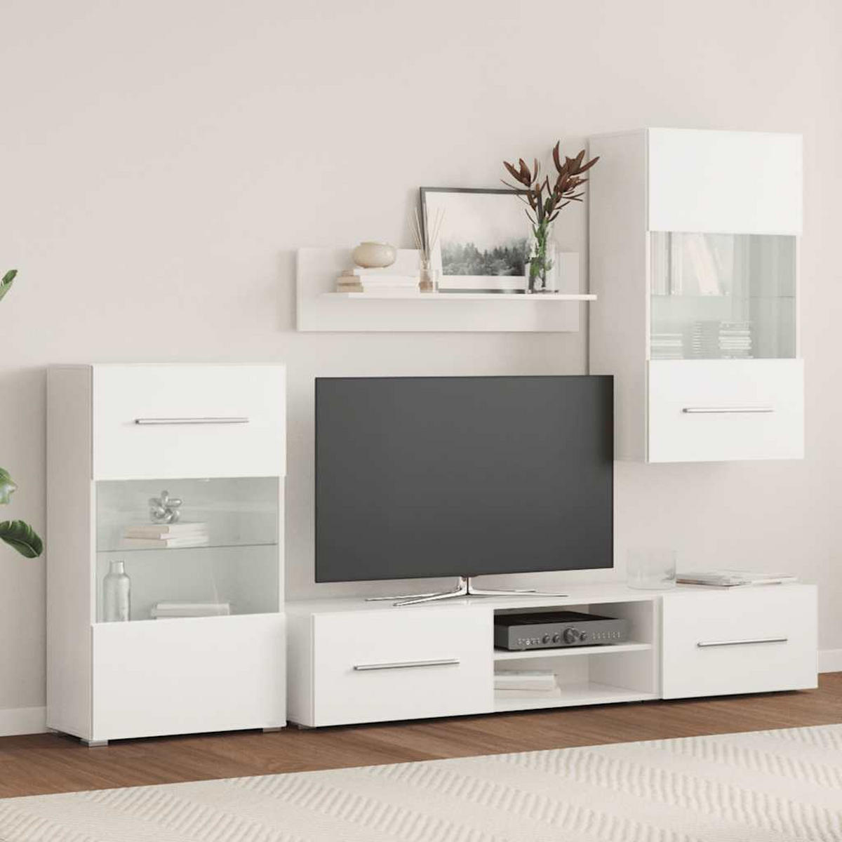 FÜNFTEILIGE WOHNWAND TV-SCHRANK MIT LED-BELEUCHTUNG WEISS - Schwarz/Weiß, Holz (30/35/140cm) - vidaXL