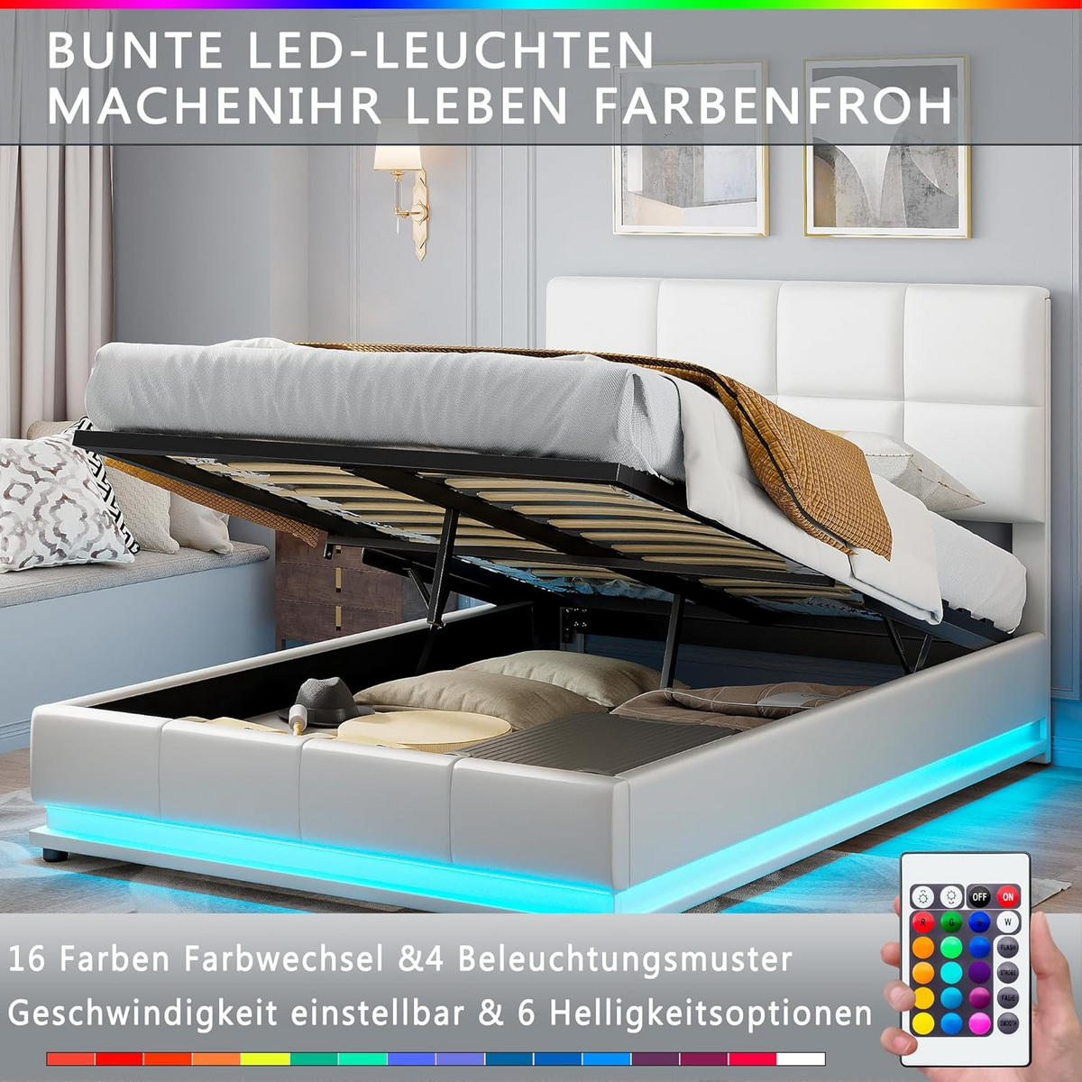POLSTERBETT 140x190 Cm Weiß Mit LED, Hydraulik & Stauraum Lattenrost - Weiß, Holz (140/190cm)