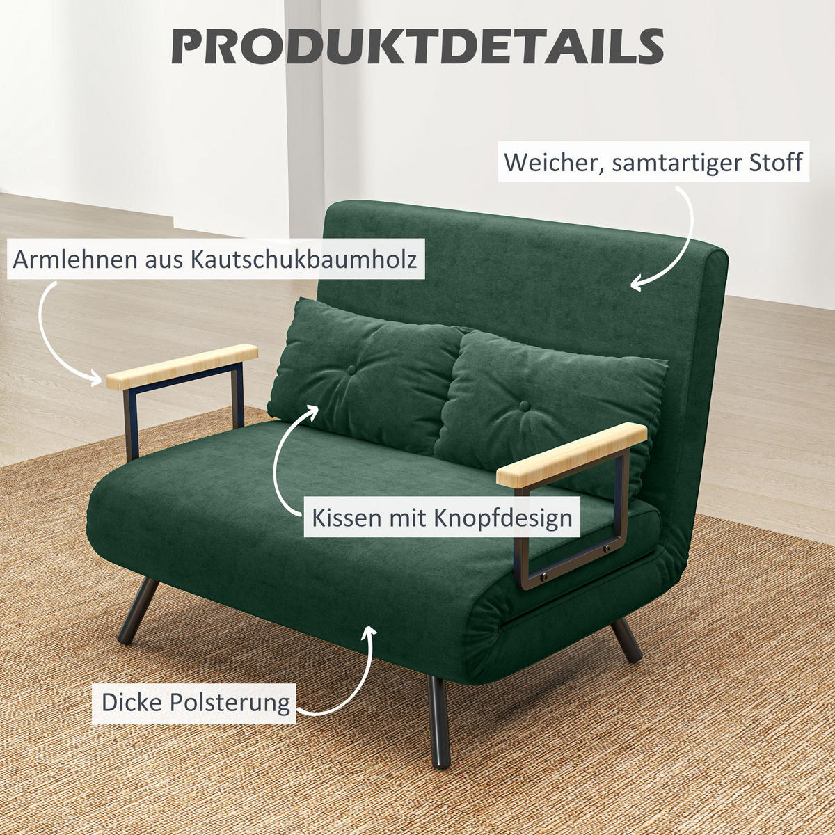 SCHLAFSOFA Schlafcouch mit Samtoptik Rückenkissen - Schwarz/Naturfarben, Holz/Textil (73/81/102cm) - HOMCOM