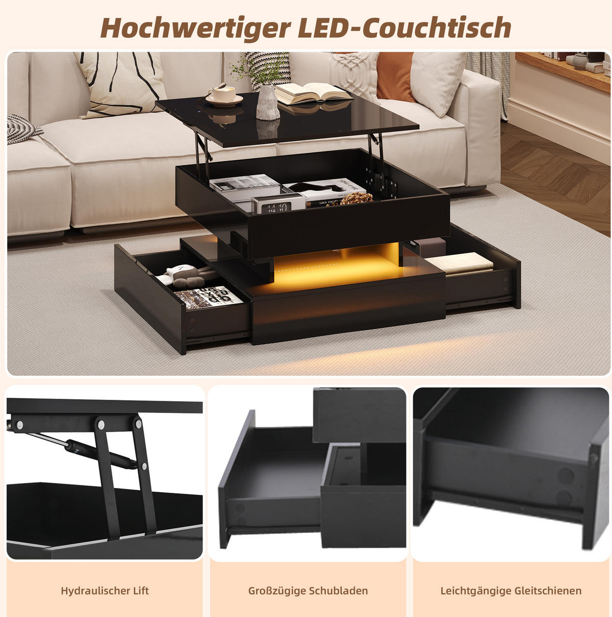 COUCHTISCH aus Spanplatte 65x65x38,5 cm Schwarz mit Hubfunktion, LED-Beleuchtung und 2 Schubladen - Schwarz, Holzwerkstoff (65/65/38.5cm) - IVMEU