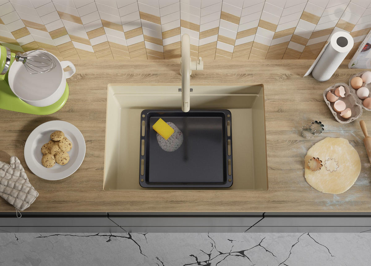 UNTERBAUSPÜLE GRANIT Praga, 2-er set Beige 66/47 cm 1 Becken + Küchenarmatur 38/14 cm + Ablauf-Set + Aufrollbare Abtropffläche ab 70er Unterschrank - Chromfarben/Beige, Kunststoff (66/20/47cm) - Primagran