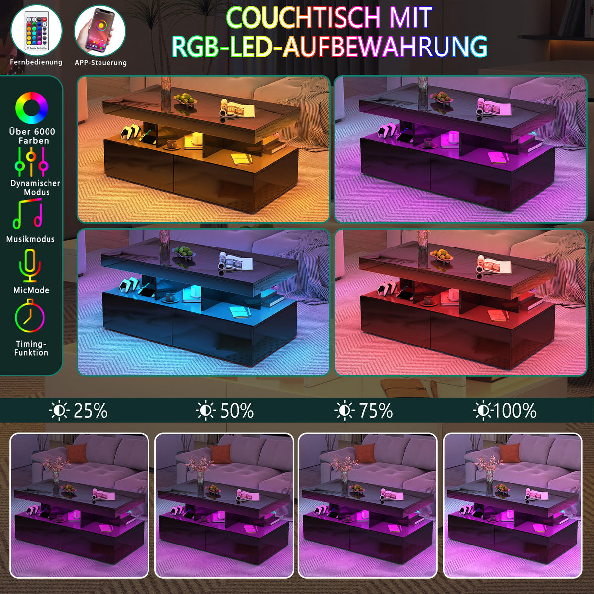 COUCHTISCH mit LED Stauraum Schublade 104x53x46 cm - Schwarz, Holzwerkstoff (104/53/46cm) - SHOPENTRA