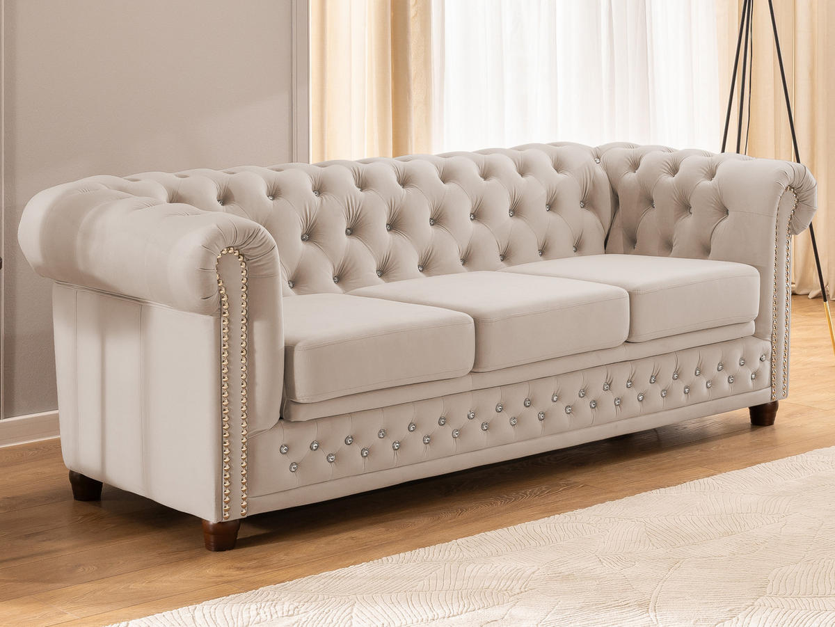 CHESTERFIELD-SOFA 3-Sitzer mit Schlaffunktion Cleo Blink Beige Samt mit Kristallsteppung und braunen Massivholzfüßen - Beige/Braun, Holz/Textil (203/72/86cm) - S-Style Möbel