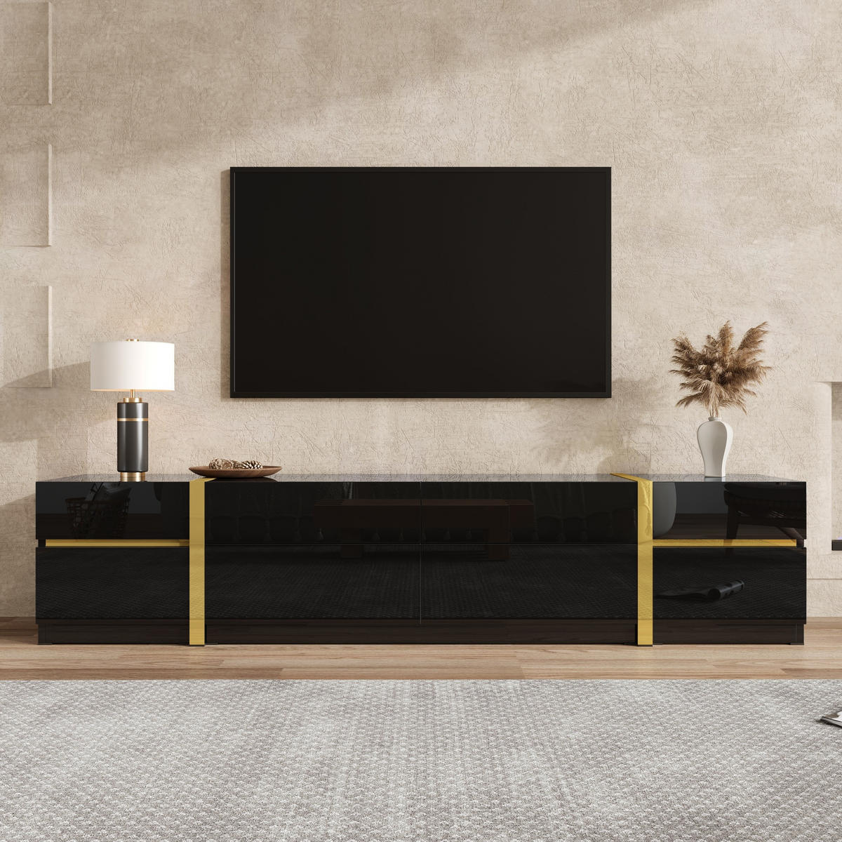 TV-SCHRANK Lowboard Hochglanz Goldkante Türen Schubladen - Schwarz, Holz (180/38/40cm) - LEBENLANG