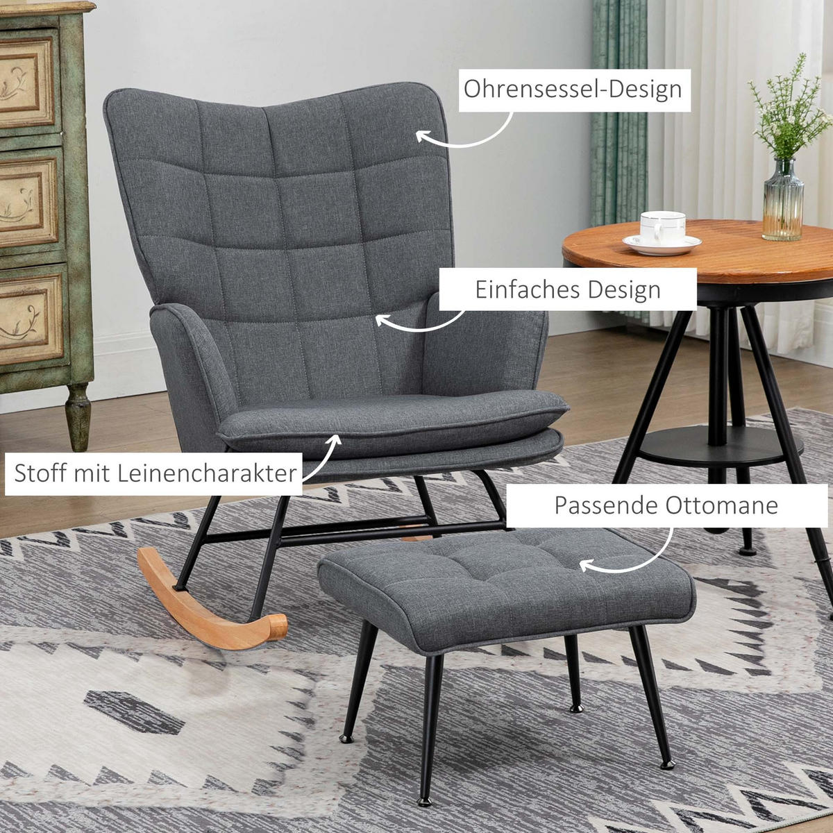SCHAUKELSTUHL Grau mit Hocker, Leinenoptik - Grau, Textil (89/90/64cm) - Oxeza