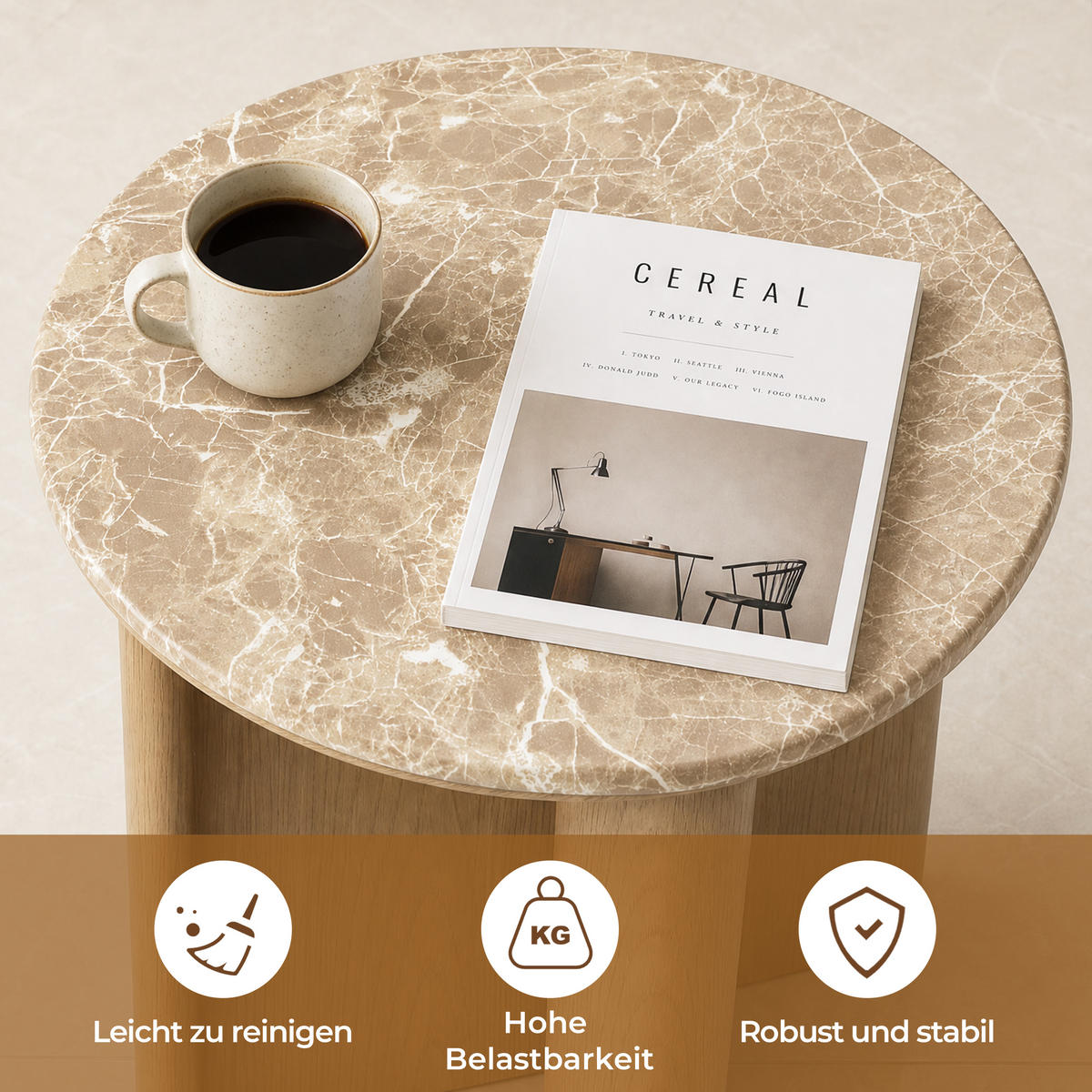 COUCHTISCH Rund Marmor-Optik, Eichenoptik, Ø50 × 51 cm - Braun, Holzwerkstoff (50/50/51cm) - Hometopia
