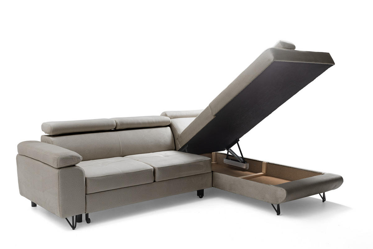 ECKSOFA JUNIOR L Rechts mit Schlaffunktion 194x128 Velours Beige - Beige/Schwarz, Holz/Textil (184/249cm) - Muffo