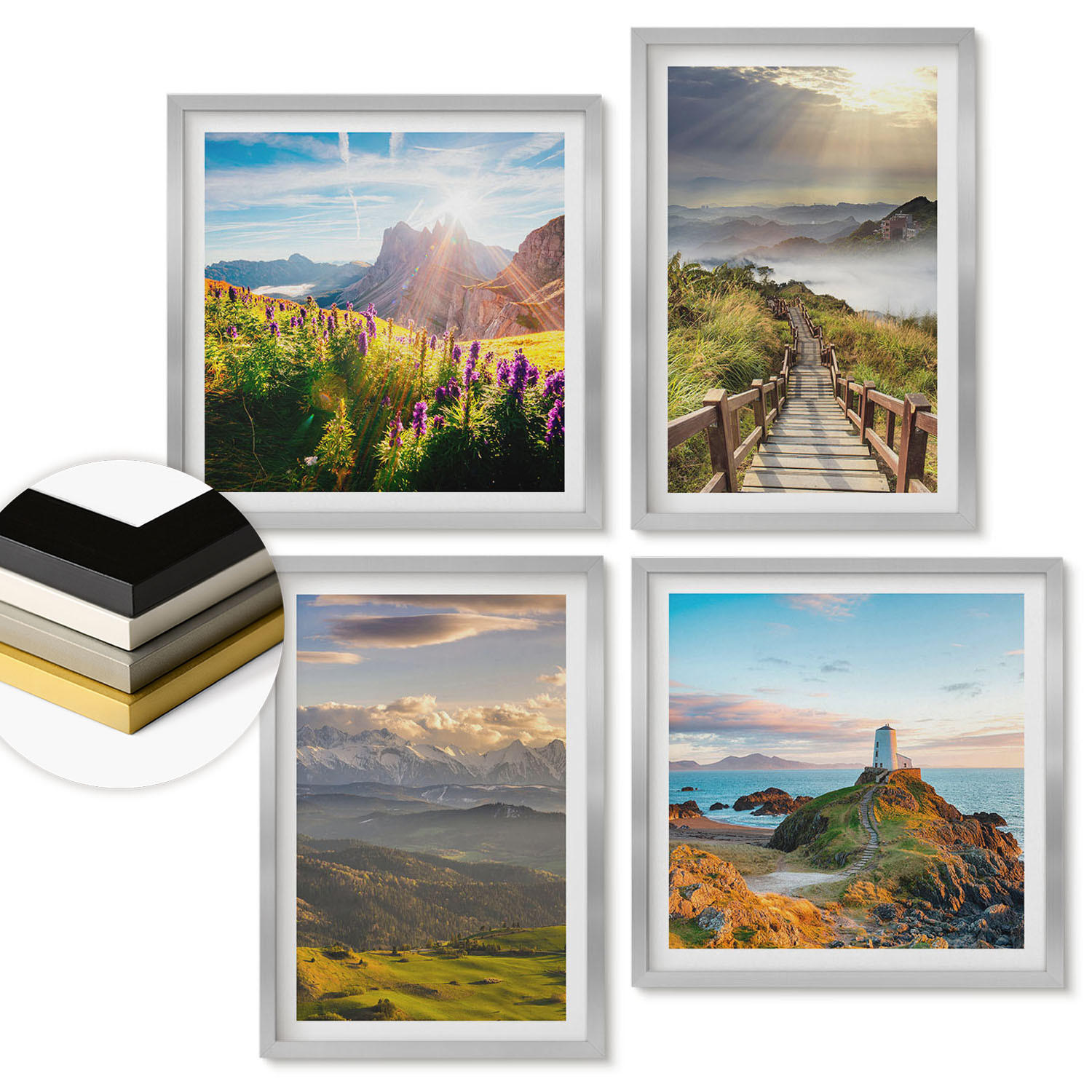 WANDBILDER 4er Set - 50x50 cm & 40x60 cm Silberner Rahmen - Bergblumen Himmelsweg - Silberfarben, Kunststoff (50/50cm) - ArtPrintCave
