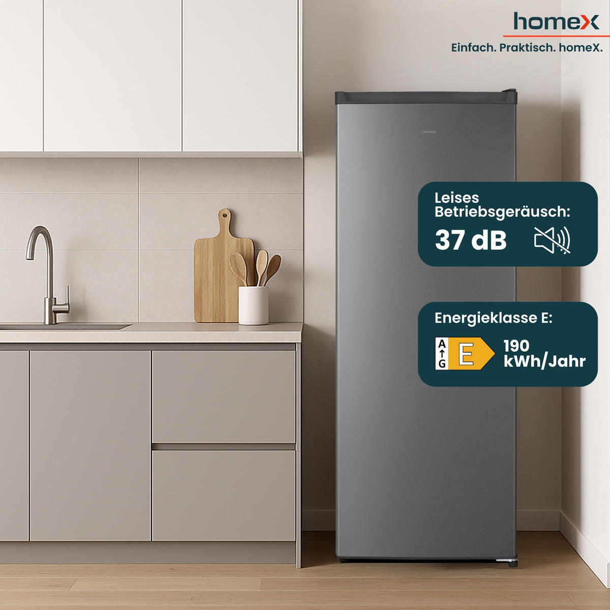 GEFRIERSCHRANK FS1682E-S groß - 168L Nutzinhalt, 4-Sterne Gefrieren, Freezer, leise 37 dB, silber - Silberfarben, Kunststoff/Metall (54.5/142.5/57.5cm) - homeX