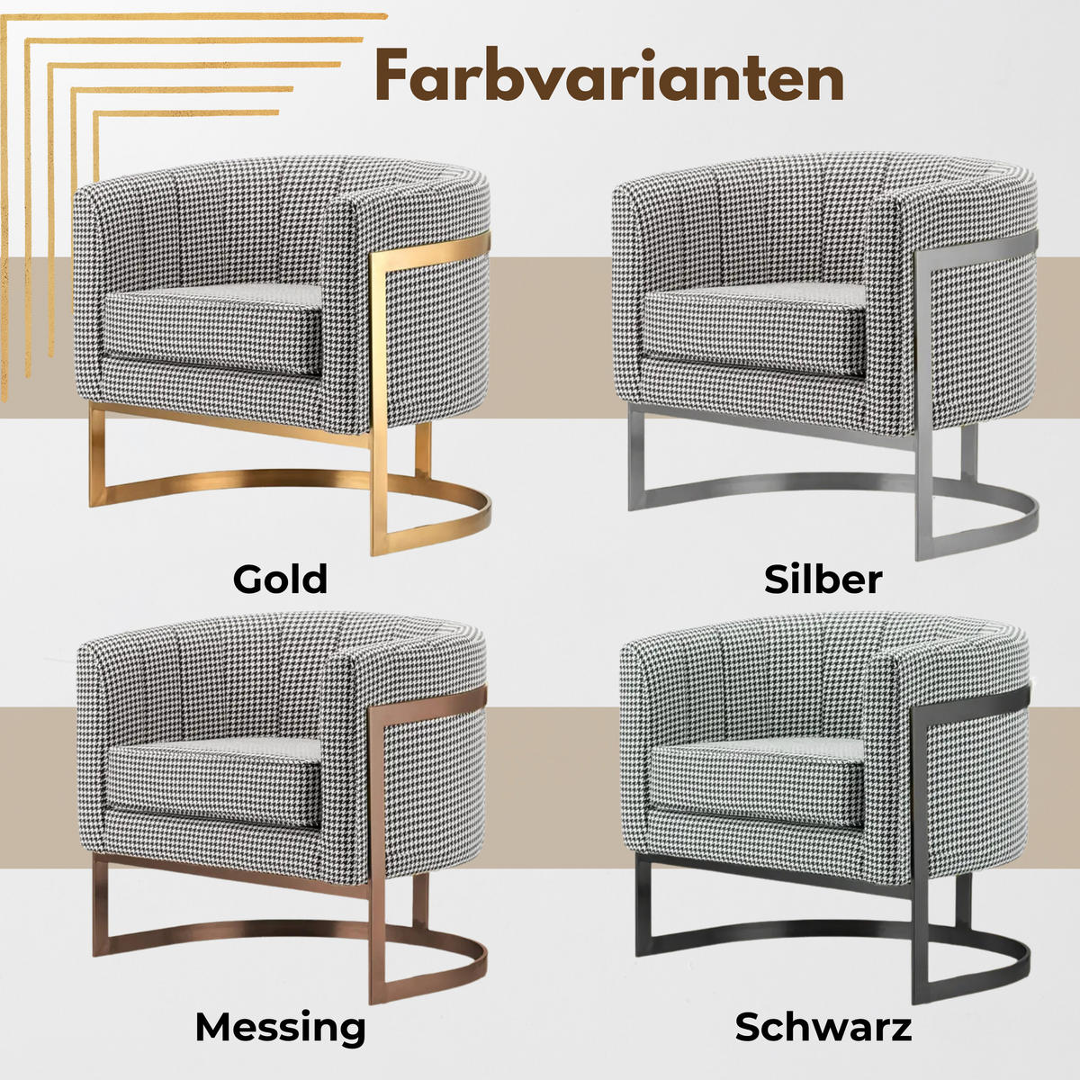 DESIGNSESSEL Sessel mit Edelstahlrahmen Modern Glamour – Pepitamuster - Silberfarben, Textil/Metall (75/71/68cm) - Fortisline