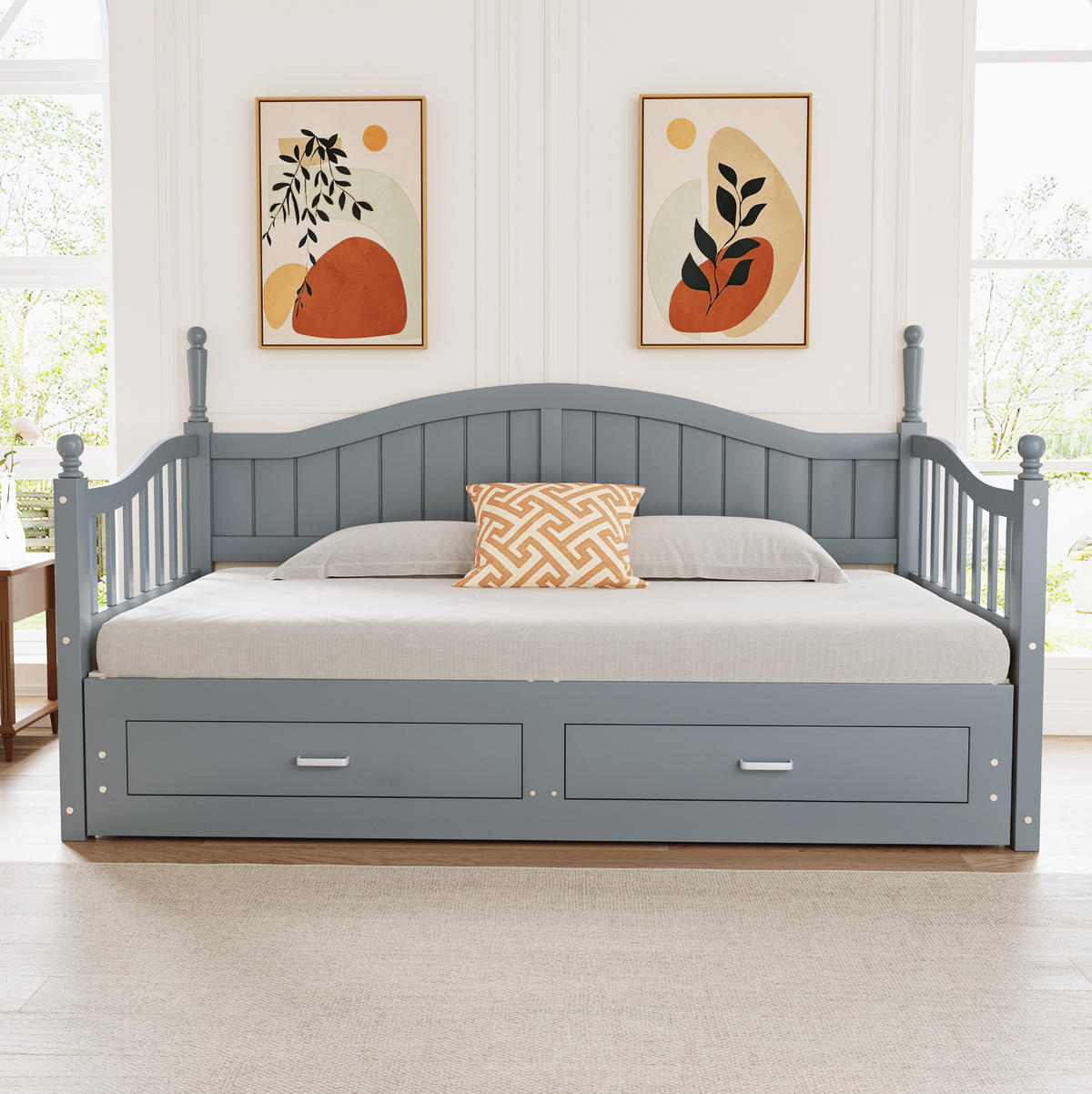 BETT Ausziehbares Schlafsofa 90/190 cm Grau aus Kiefernholz mit Schubladen - Grau, Holzwerkstoff (90/190cm) - OKWISH