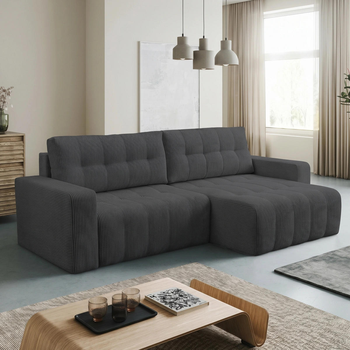 ECKSOFA Palermo mit Schlaffunktion und Bettkasten in Cordstoff - Dunkelgrau, Holz/Holzwerkstoff (245/143cm) - Ravio