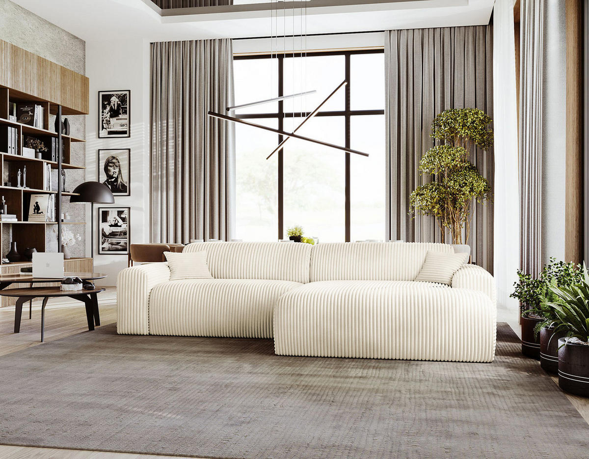 ECKSOFA mit Longchair - Cord - Creme/Schwarz, Kunststoff/Textil (284/178cm) - home24