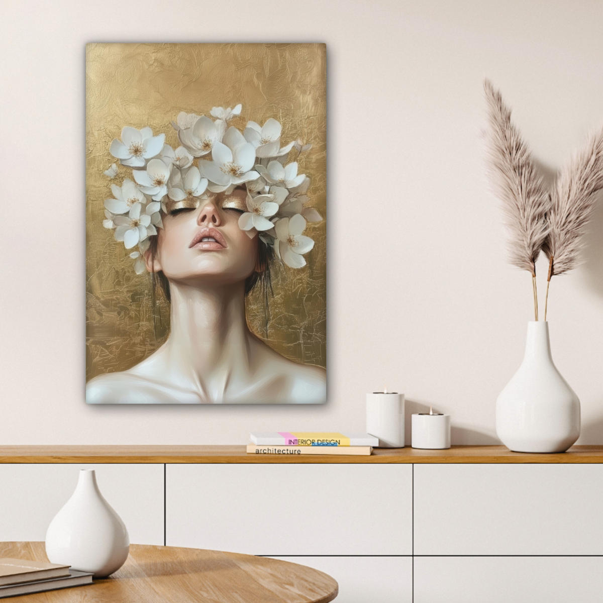 LEINWANDBILD Gesicht - Blumen - Gold - Abstrakt Wanddeko Schlafzimmer 60x90 cm - Goldfarben, Textil (60/90cm) - MuchoWow