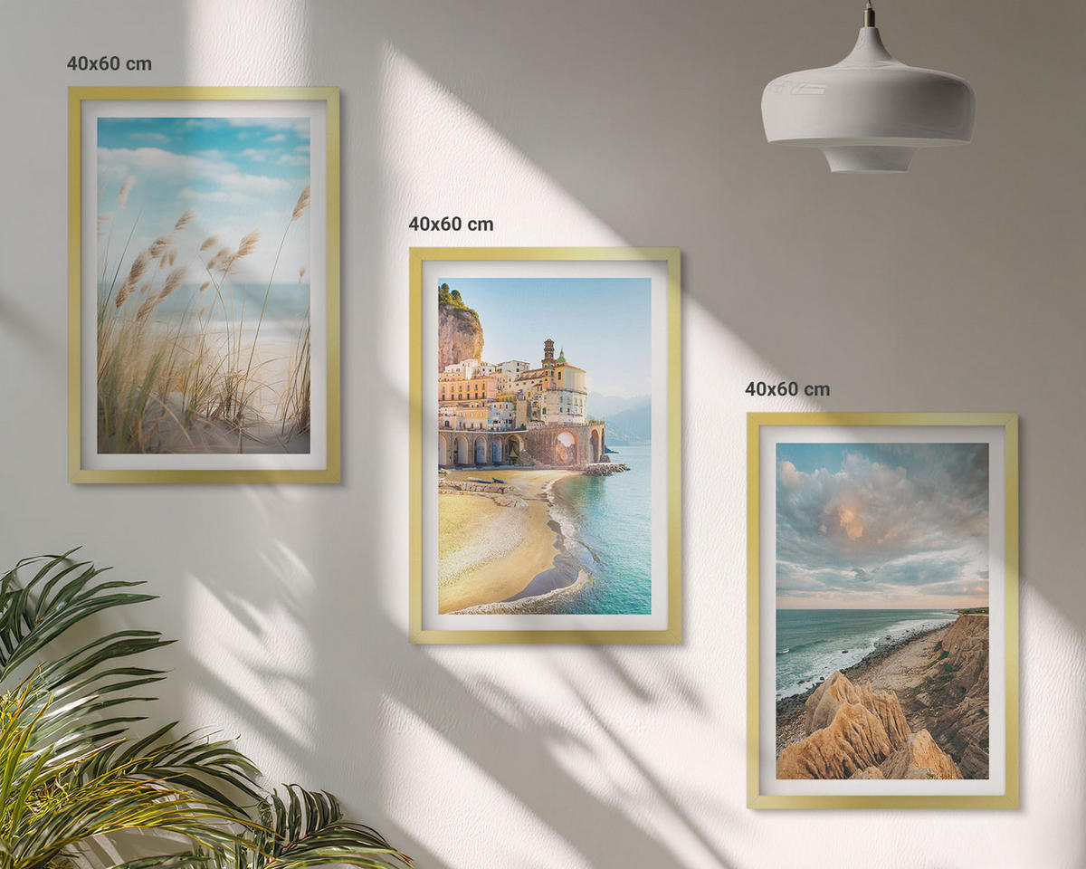 BILDER SET 3er Set - 40x60 cm Goldrahmen - Landschaften Strand Klippen Stadt - Goldfarben, Kunststoff (40/60cm) - TULUP