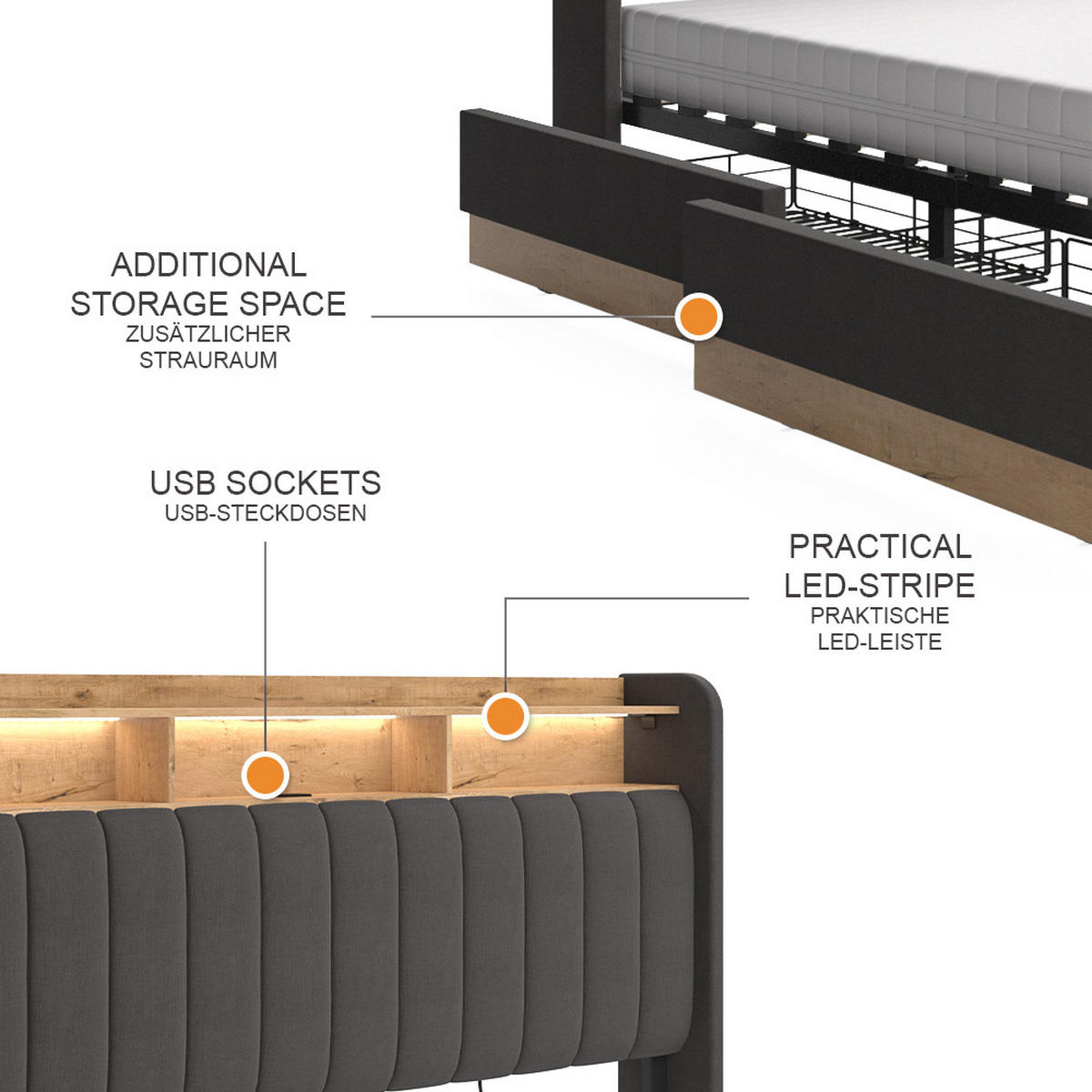 ČALOUNĚNÁ POSTEL Nura Antracit - antracitová/barva dubu, kompozitní dřevo - VitaliSpa