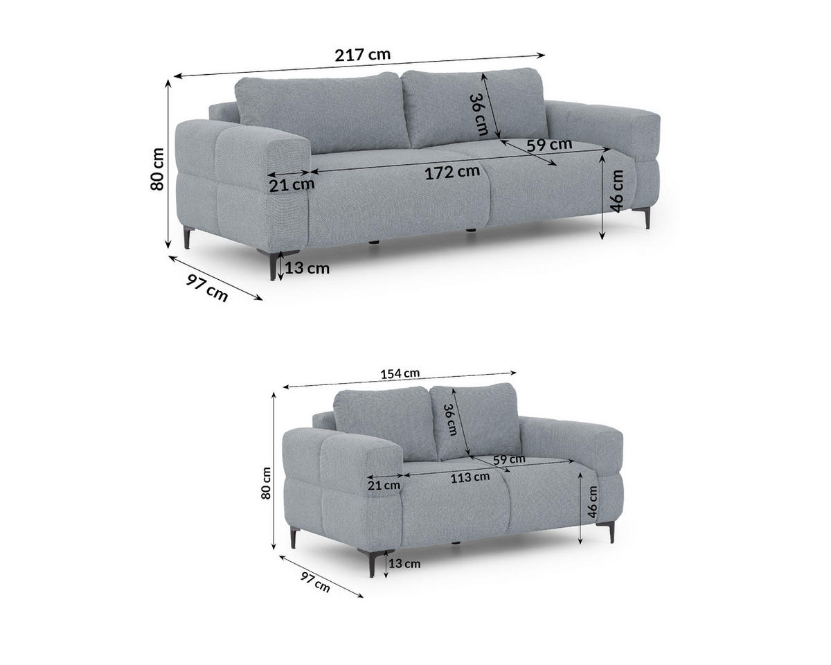 SITZGARNITUR 3+2 Cardea in Bubble-Optik aus weichem Grau Strukturstoff mit hohem Sitzkomfort - Schwarz/Grau, Holz/Textil (217/80/97cm) - S-Style Möbel
