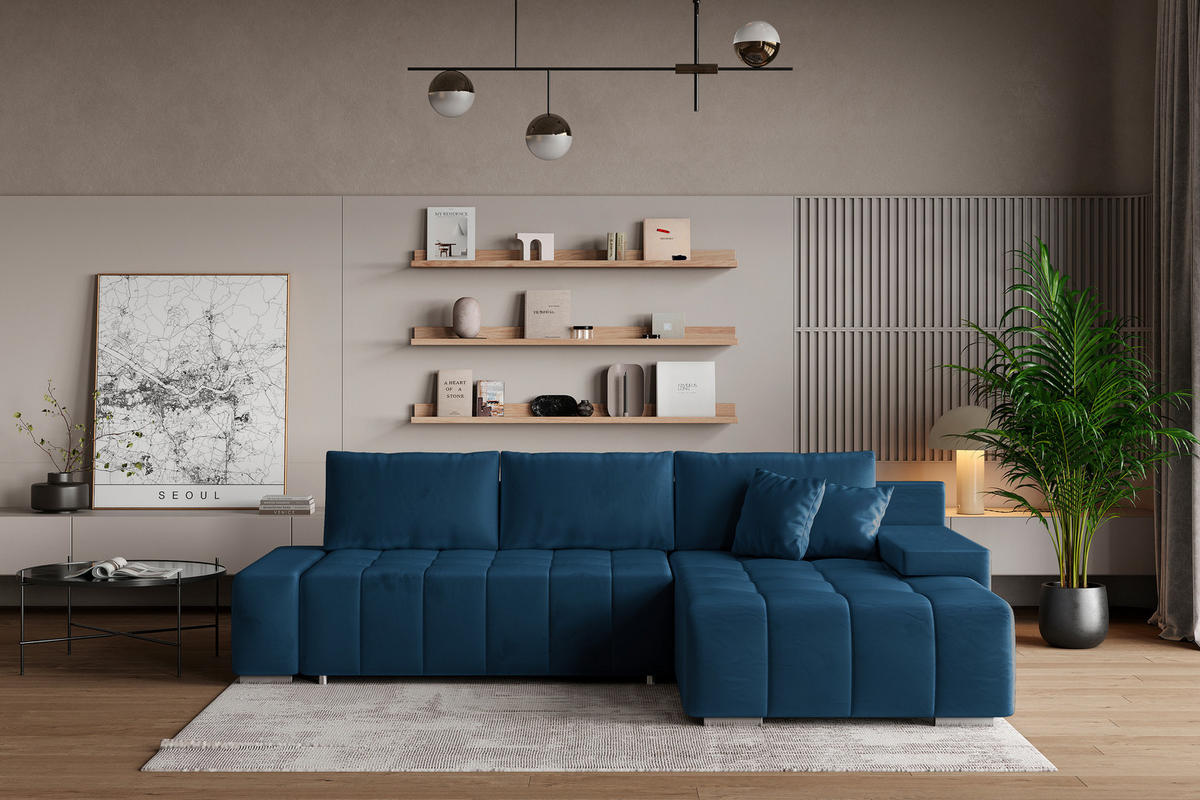 ECKSOFA ALESE R-S Blau Velours-Stoff mit Schlaffunktion - Blau, Holz (265/185cm) - MASSENO