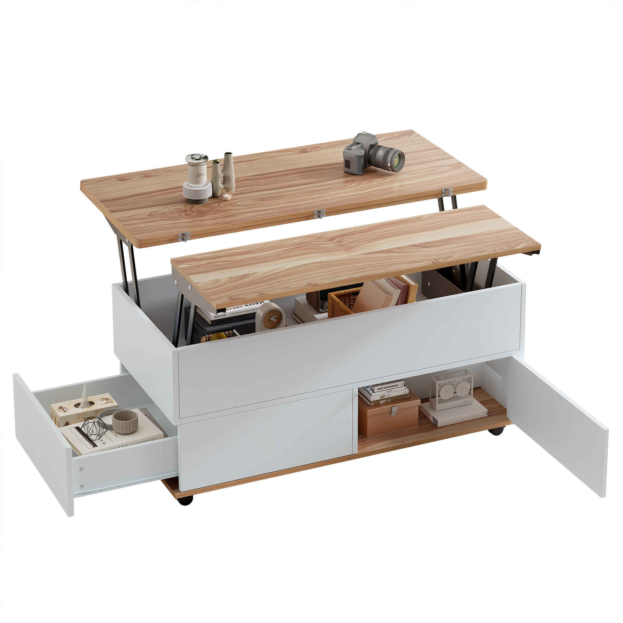 COUCHTISCH Weiß-Naturholzoptik mit Hydraulikfunktion, Stauraum und lenkbaren Rollen 100 × 98 × 65 cm - Naturfarben, Holzwerkstoff (98/100/65cm) - Luhomfu