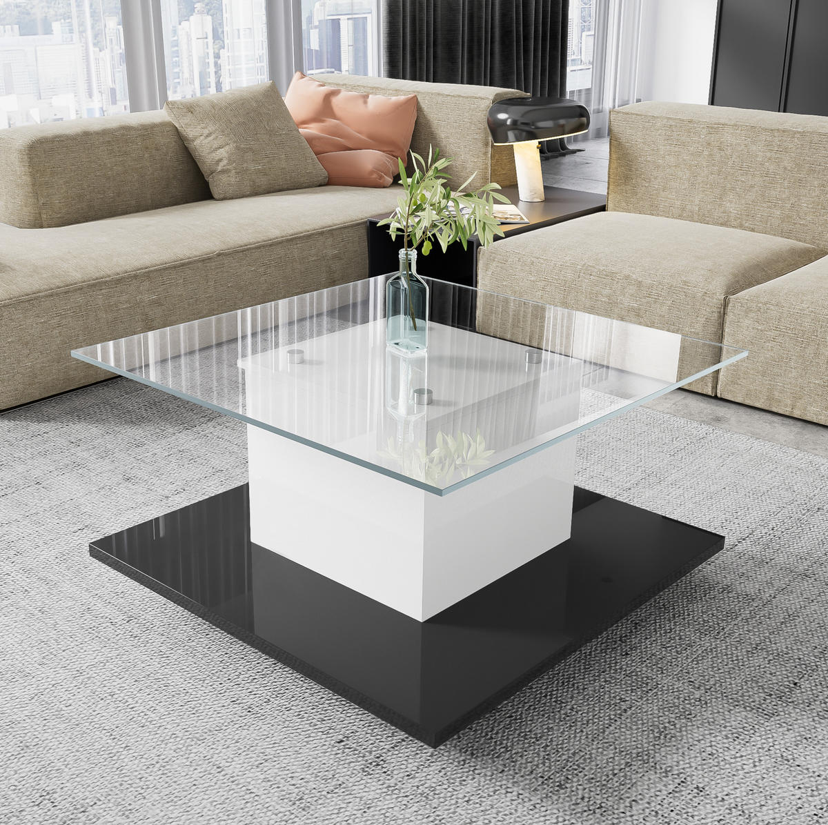 COUCHTISCH mit LED und Rollen 80 x 40 x 80 cm Glas Weiß+Schwarz Hochglanz - Weiß, Holzwerkstoff (80/80/40cm) - Meubliv
