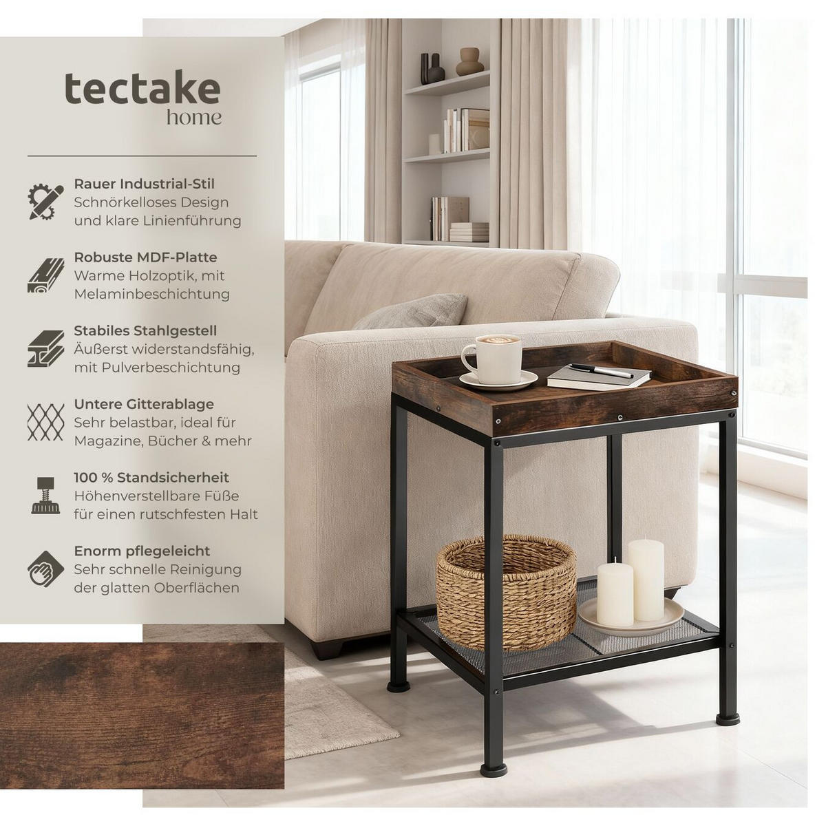 BEISTELLTISCH Rochester,41,5 x 41 x 56 cm,Industrial Holz dunkel, rustikal - Rostfarben, Holz (41.5/41/56cm) - tectake