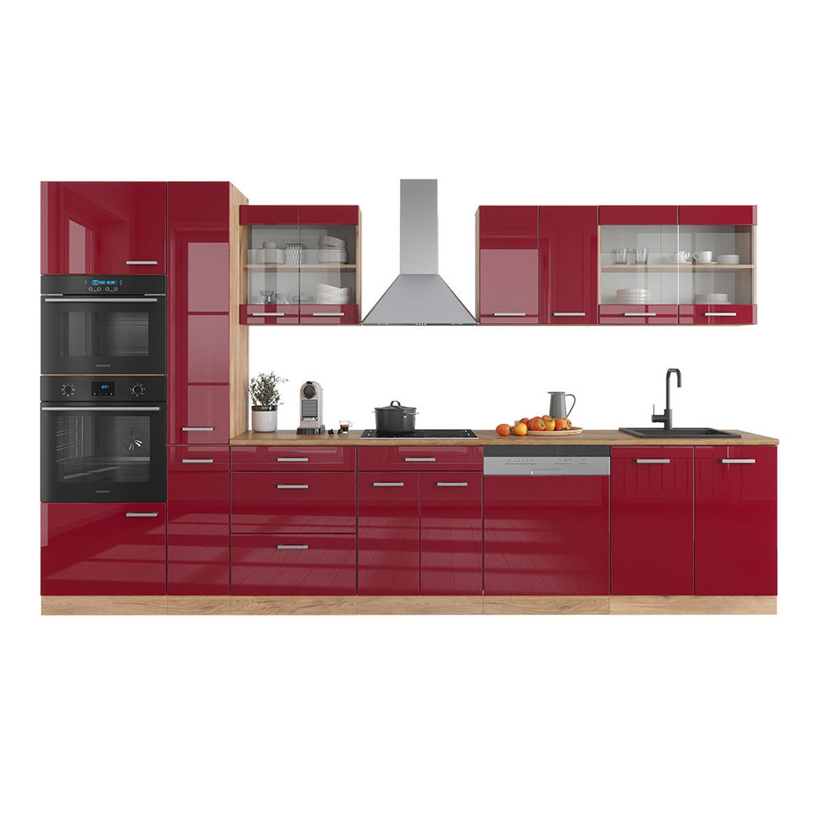 KÜCHENZEILE R-Line Rot Hochglanz/Goldkraft Eiche 350 cm mit Hochschrank, ohne Arbeitsplatte - Rot/Eiche Wotan, Holzwerkstoff (350/81.6/46cm) - Vicco