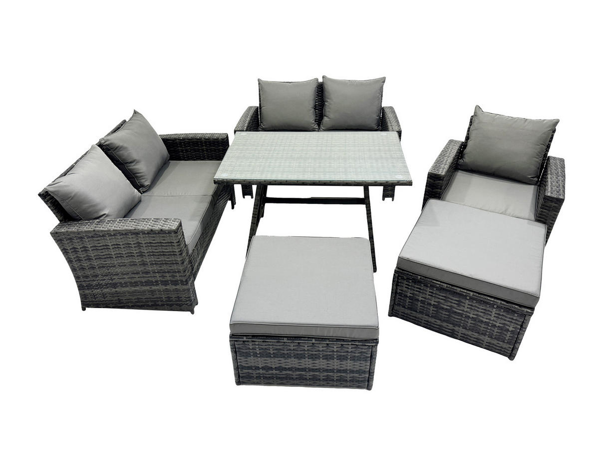 GARTENMÖBELSET mit ESSTISCH,HOCHLEHNER-SOFA Polyrattan Dunkelgrauer Mix 8-Sitzer - Dunkelgrau/Grau, Glas/Kunststoff - Fimous
