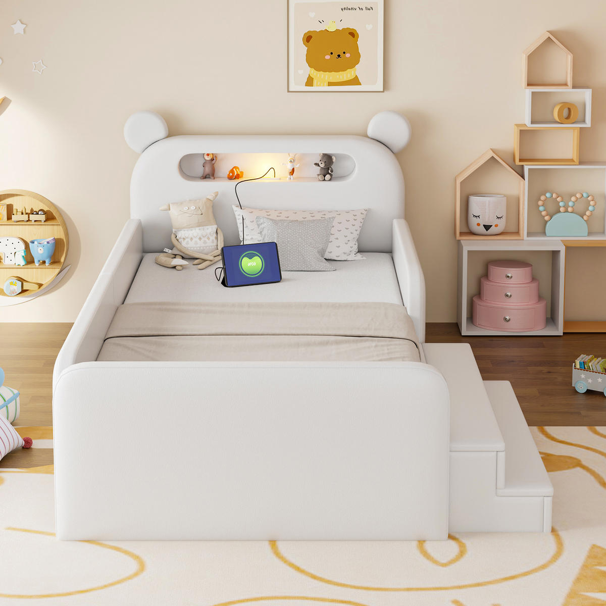 KINDERBETT 90/200 cm DE-32672 mit Bären-Kopfteil Weiß - Weiß, Holzwerkstoff (90/200cm) - ComfortXL