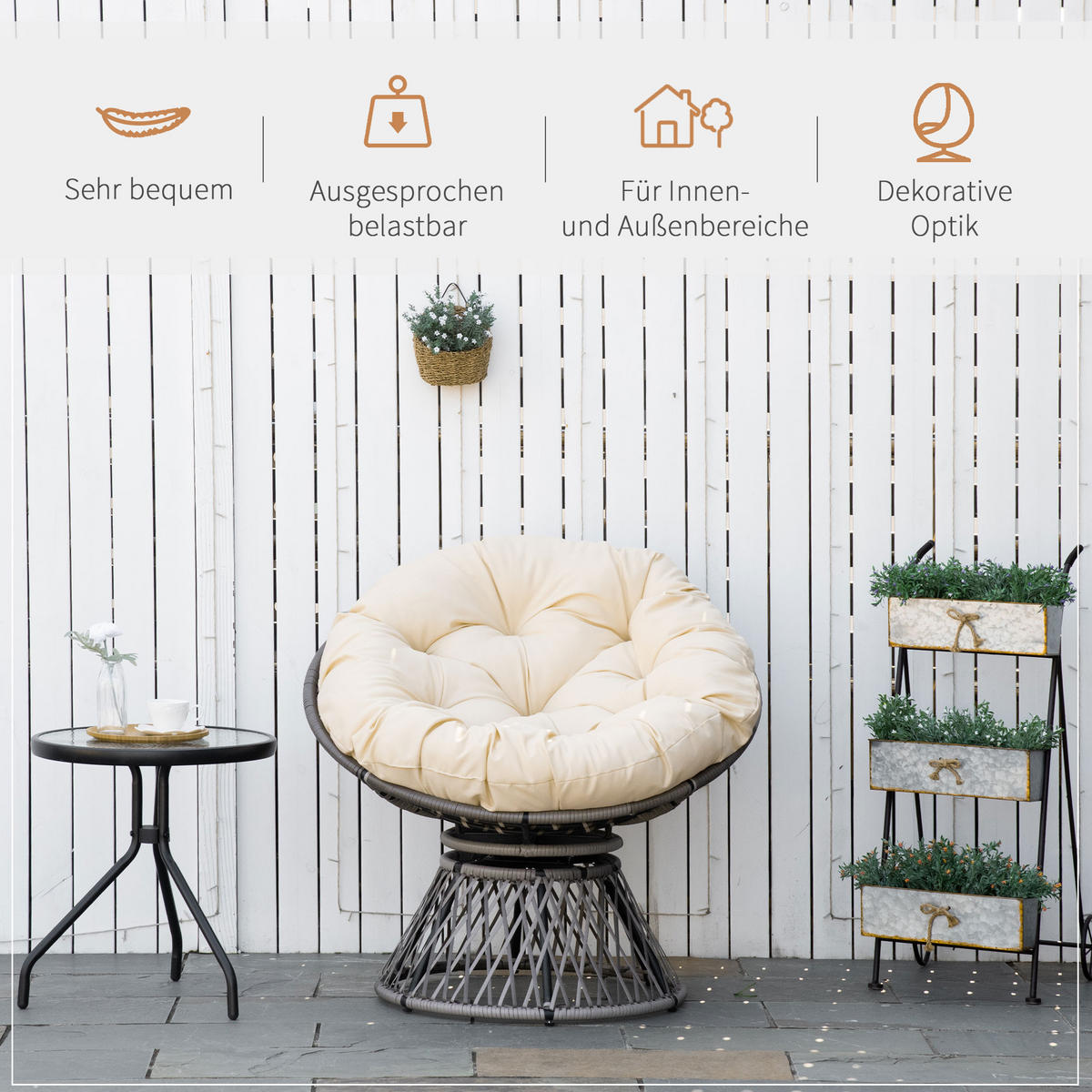 PAPASANSESSEL mit Polster 360 Grad Rattan Beige B87 x T97 x H86 cm - Beige, Kunststoff (97/90/87cm) - Outsunny