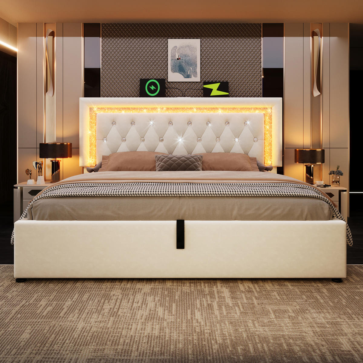 BETT mit LED, Stauraum & USB 160x200 cm Samt Beige inkl. Matratze - Beige, Metall (160/200cm) - Meubliv