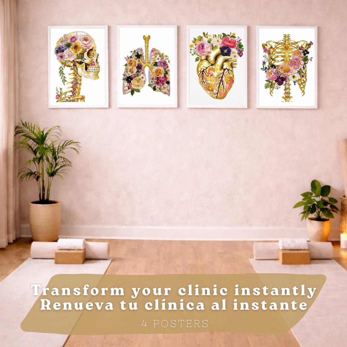 POSTER Set aus 4 Anatomie Mensch Drucke und Wandbilder mit Schädel Skelett Herz und Goldene Lungen Medizinische Wanddekoration Größe Weißer Rahmen A4 - Weiß, Papier (21/29.7/3cm) - Nacnic