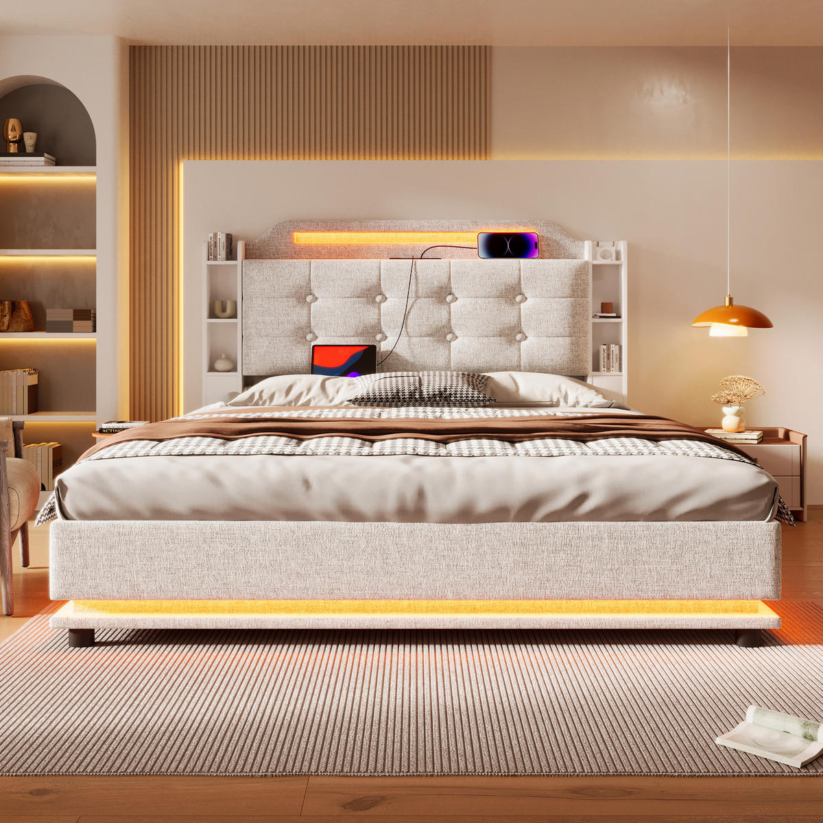 POLSTERBETT 140x200cm Beige Leinen LED-Licht Hydraulik USB-C - Beige, Holz (140/200cm) - FLIEKS