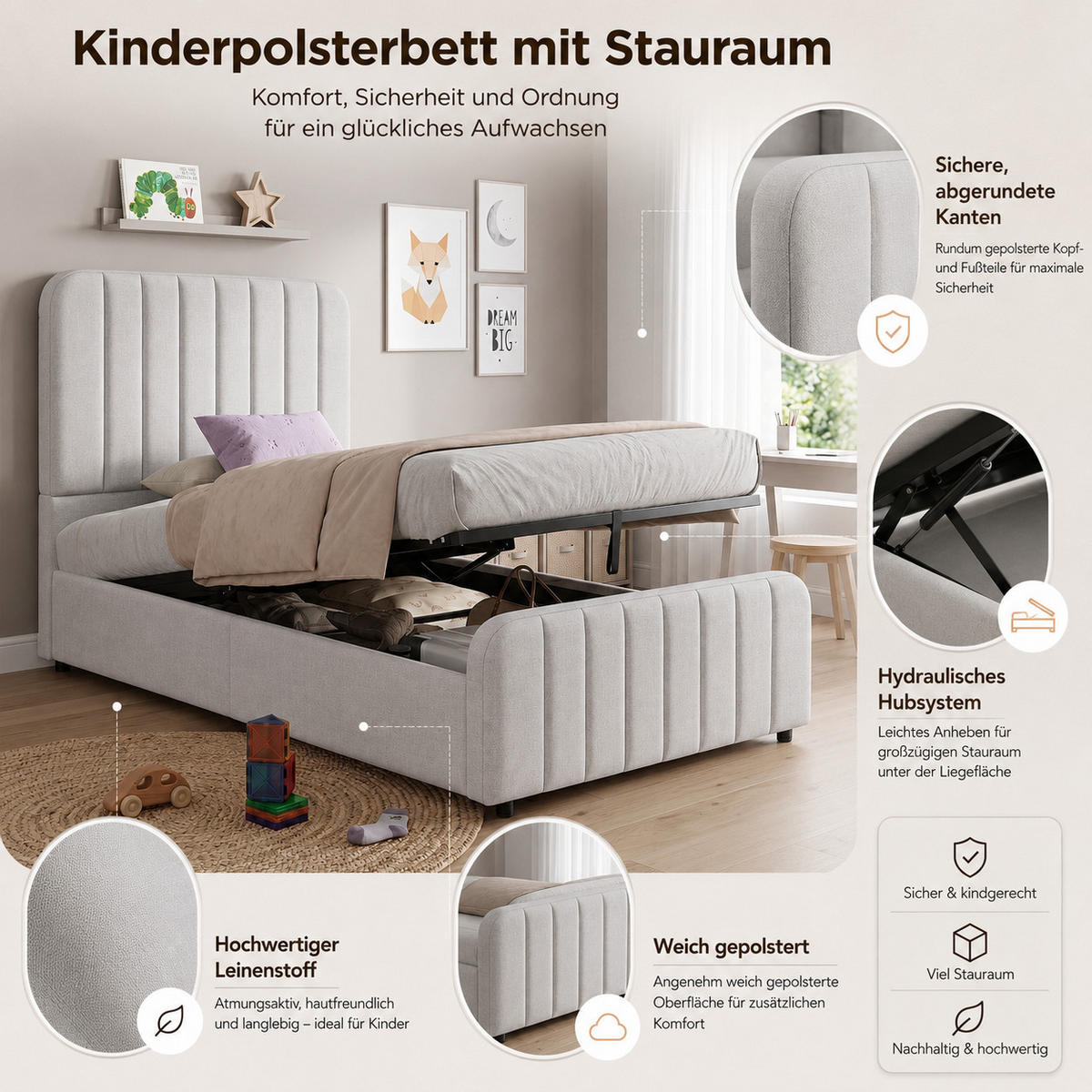 POLSTERBETT 90/200 cm in Grau mit Stauraum, Lattenrost und gepolstertem Kopfteil aus Leinen - Grau, Holzwerkstoff/Textil - STILVORA