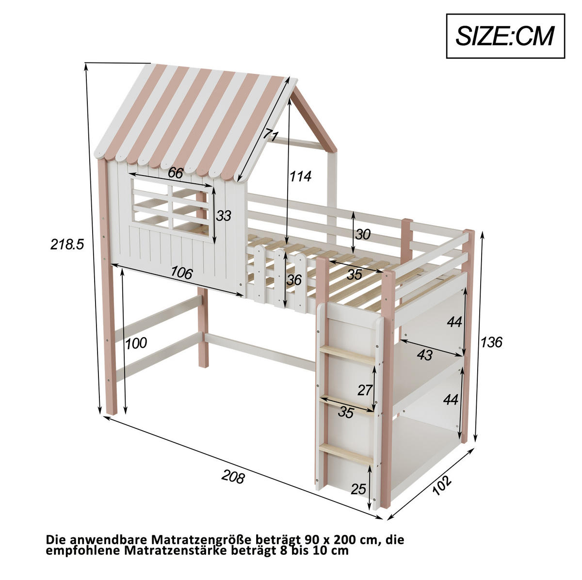 KINDERBETT 90x200 cm Rosa mit Dachdesign, Sicherheitsleiter und Lattenrost - Pink, Holzwerkstoff (90/200cm) - Modfu