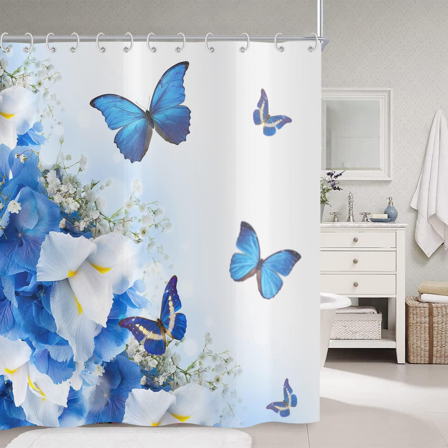 DUSCHVORHANG Blau Blumen und Schmetterling Polyester wasserdicht - Blau, Textil (180/180cm) - MCBOSON