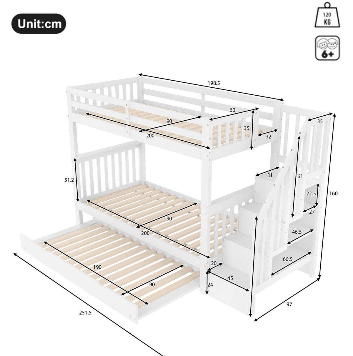 ETAGENBETT 90/200 cm mit ausziehbarem Rollbett, Treppenregal und hohen Sicherheitsgittern, Weiß - Weiß, Holzwerkstoff (90/200cm) - Redom