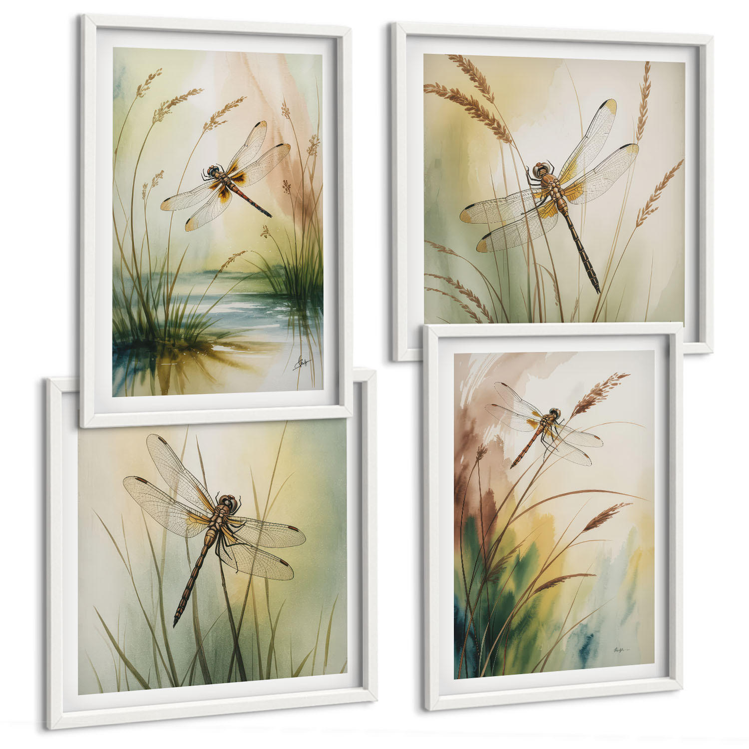BILDER SET 4er Set - 50x50 cm & 40x60 cm Weißer Rahmen - Libellen im Gras, Wassermalerei - Weiß, Kunststoff (50/50cm) - TULUP