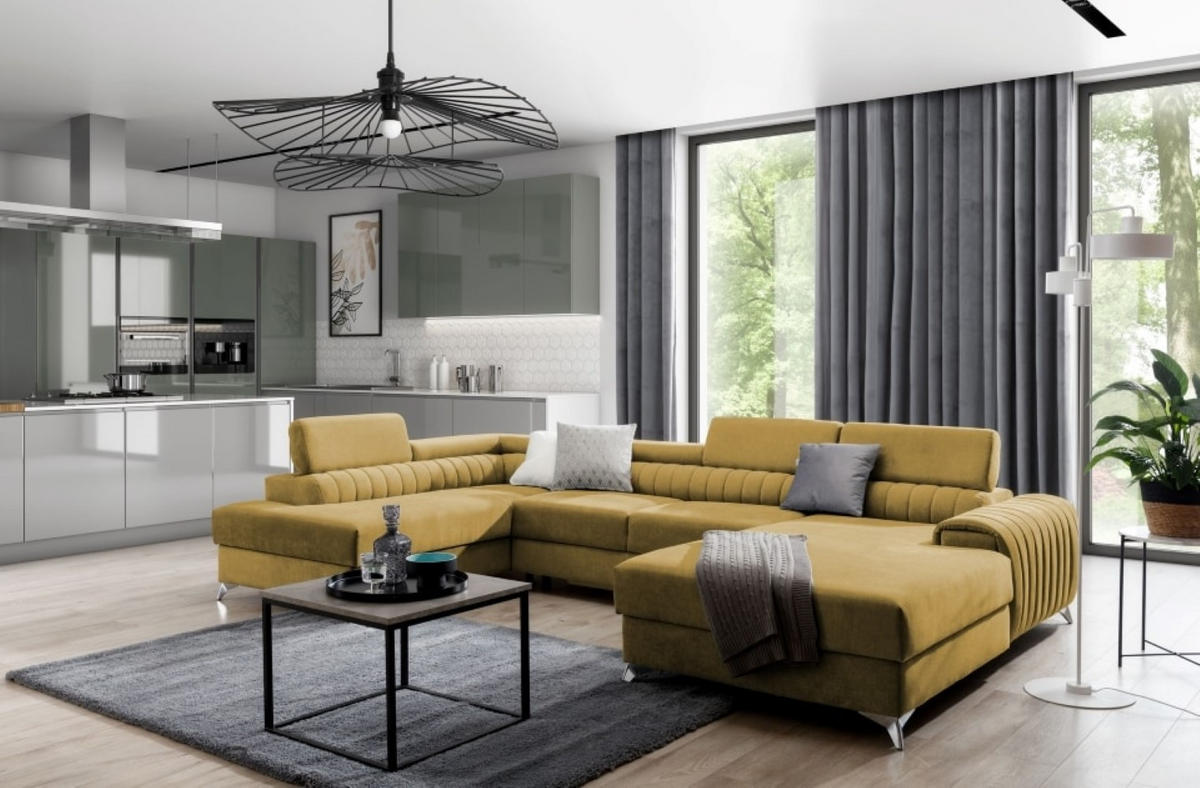 WOHNLANDSCHAFT mit Schlaffunktion und Bettkasten - Chromfarben/Gelb, Textil/Metall (354/92/202cm) - Eltap