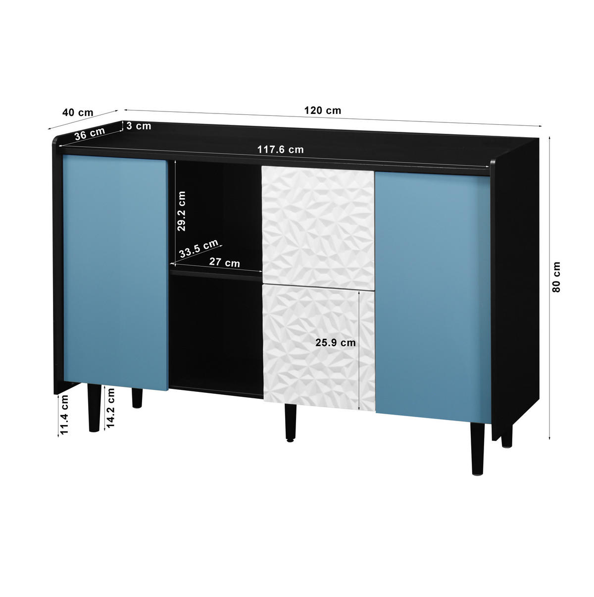 SIDEBOARD 120/40/80 cm mit 2 Schubladen & 2 offenen Fächern in Schwarz/Blau - Schwarz, Holzwerkstoff (120/80/40cm) - BEAOK