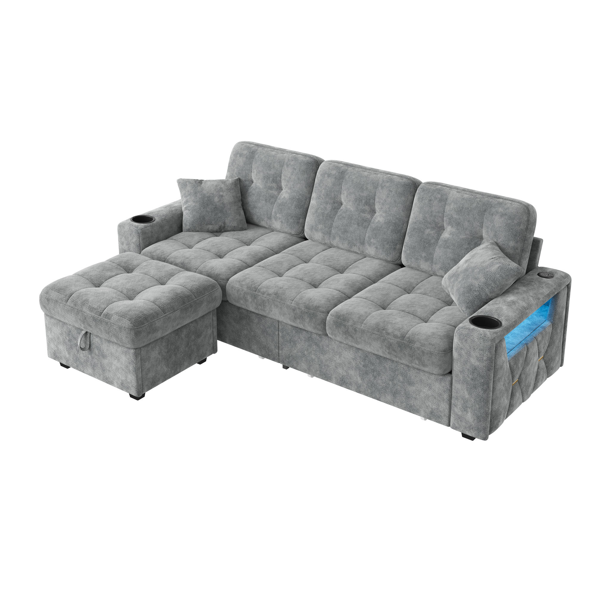 BIGSOFA aus Chenille mit USB-C, LED, Getränkehaltern und Stauraum - Dunkelgrau, Textil (194.5/83/133cm) - EVRYAE