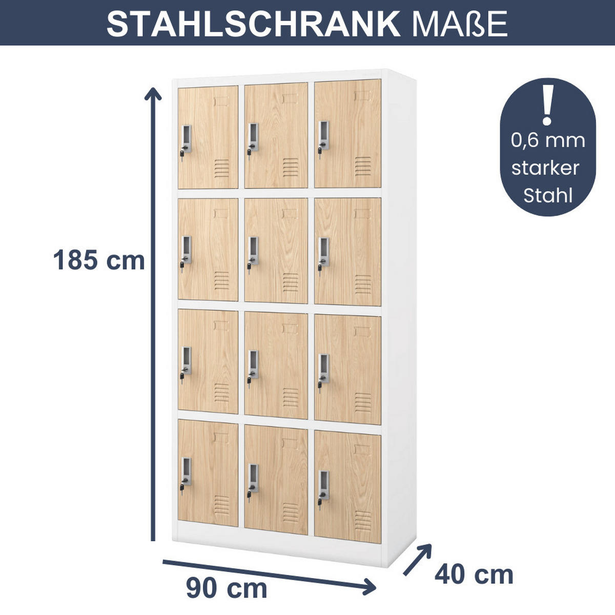 SCHLIESSFACHSCHRANK Spind BERN 12 Fächer185x90x40cm Weiß-Sonoma Eiche - Weiß, Metall (90/185/40cm) - DELUKE
