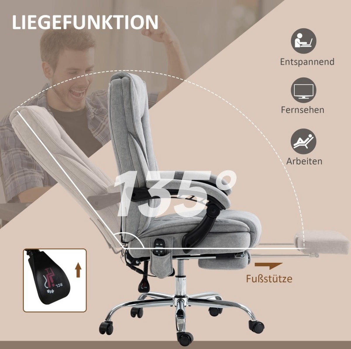 BÜROSTUHL in Grau 67x72x119 cm mit Vibrationsmassage, Wärmefunktion und Fußstütze - Grau, Textil (72/119/67cm) - IVMEU