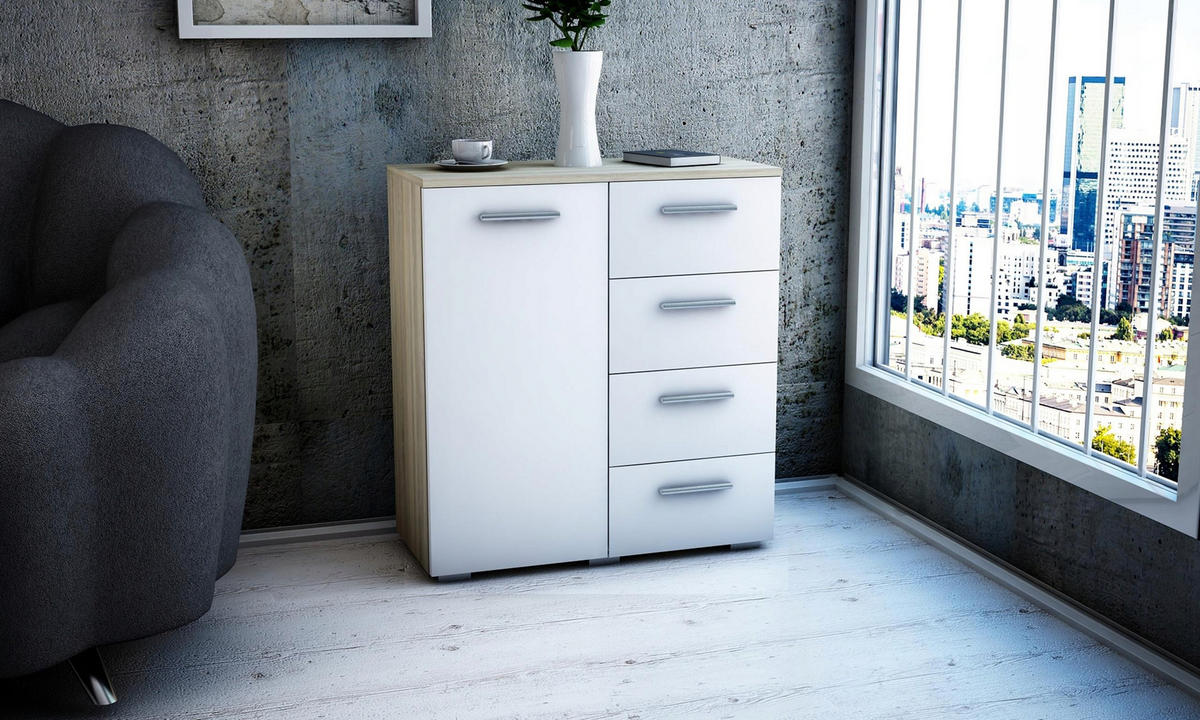 KOMMODE Helena 1D4S Sonoma Eiche-Weiß 80/35/84,5 cm - Weiß/Sonoma Eiche, Holzwerkstoff (80/84.5/35cm) - Matkam Möbel