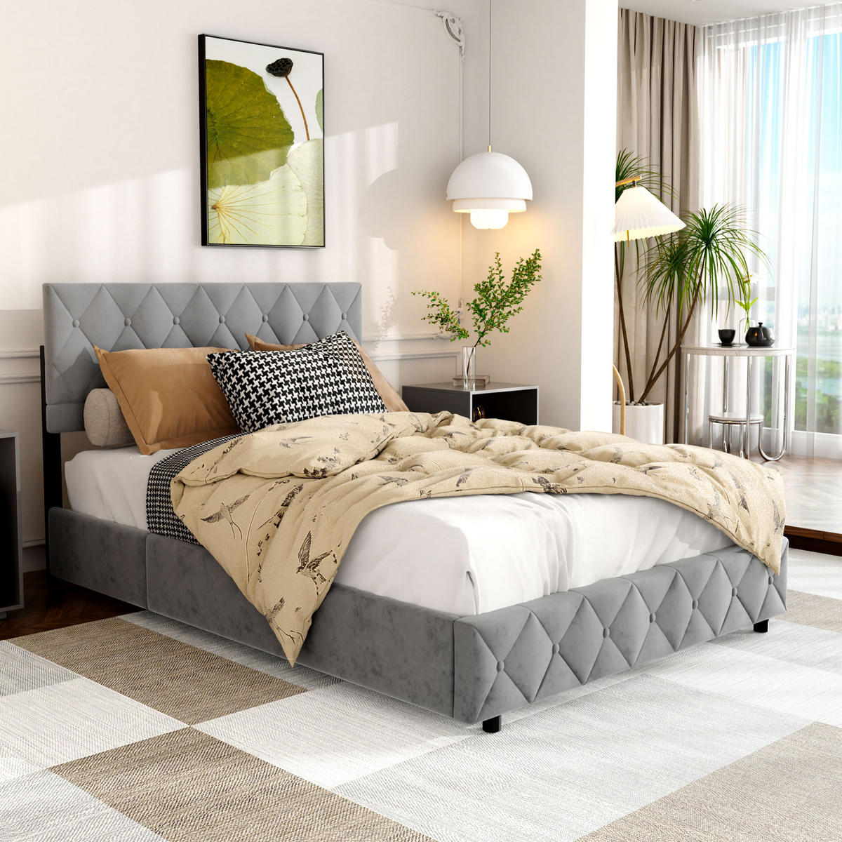 POLSTERBETT aus Samt 140x200 cm Grau mit hydraulischem Stauraum - Grau, Textil (140/200cm) - Modfu