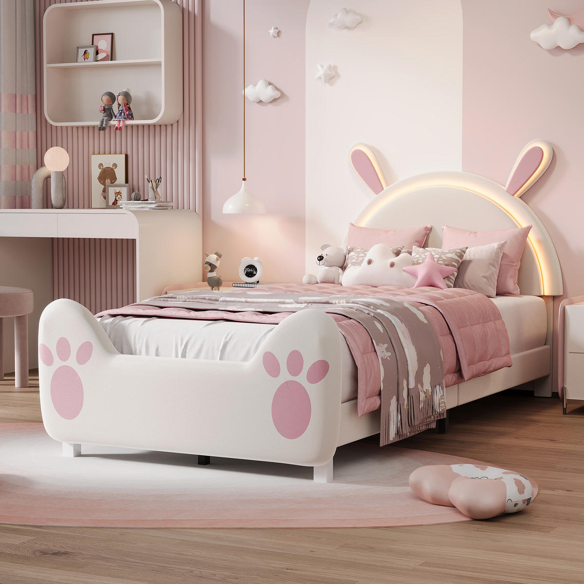 KINDERBETT 90 x 200 cm mit LED Hasenohren Kopfteil, Polsterbett mit Lattenrost, Samtstoff, für Kinder, Mädchen - Pink, Holz/Holzwerkstoff (90/200cm) - BursDany